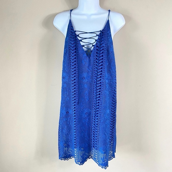 ASTR Blue Lace Up Crochet Slip Dress Spaghetti Straps Boho Festival Size S - Picture 4 of 9